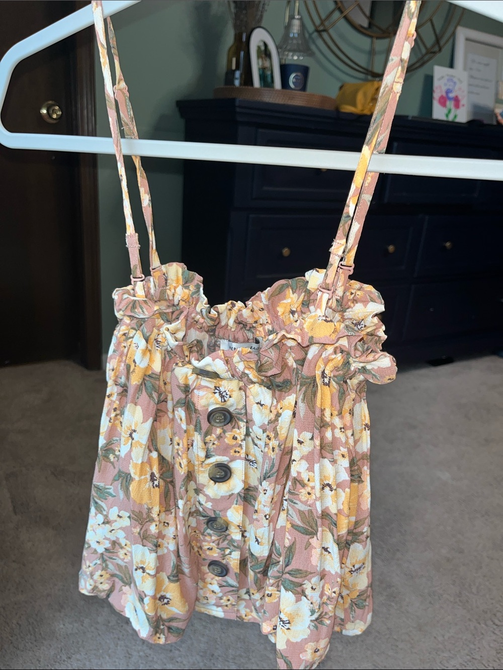 American Eagle Outfitters Mauve Floral Button-Front Smocked Cami